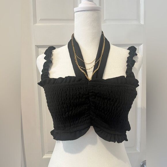 Lulus Smocked Neck Tie Crop Top Black Size M - Picture 1 of 3